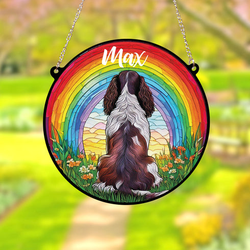 Springer Spaniel Black & White Rainbow Bridge Personalised Stained Glass Effect Suncatcher
